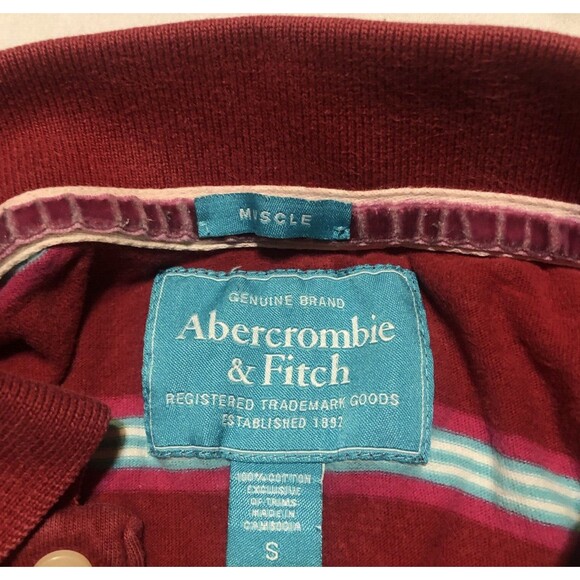 Abercrombie Fitch Polo Shirt Mens S Red Blue Striped Muscle Rugby Moose Logo - Picture 3 of 8